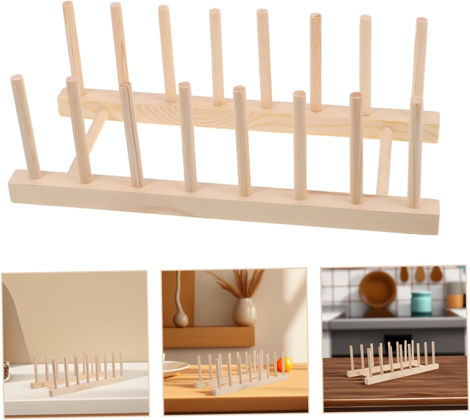 LABRIMP 3Pcs Wood Dish Drying Rack Wooden Storage Holder Organizer for Plate Bowl Cup Book Pot Lid Cutting Board Drying Rack Stand Holder image number 3