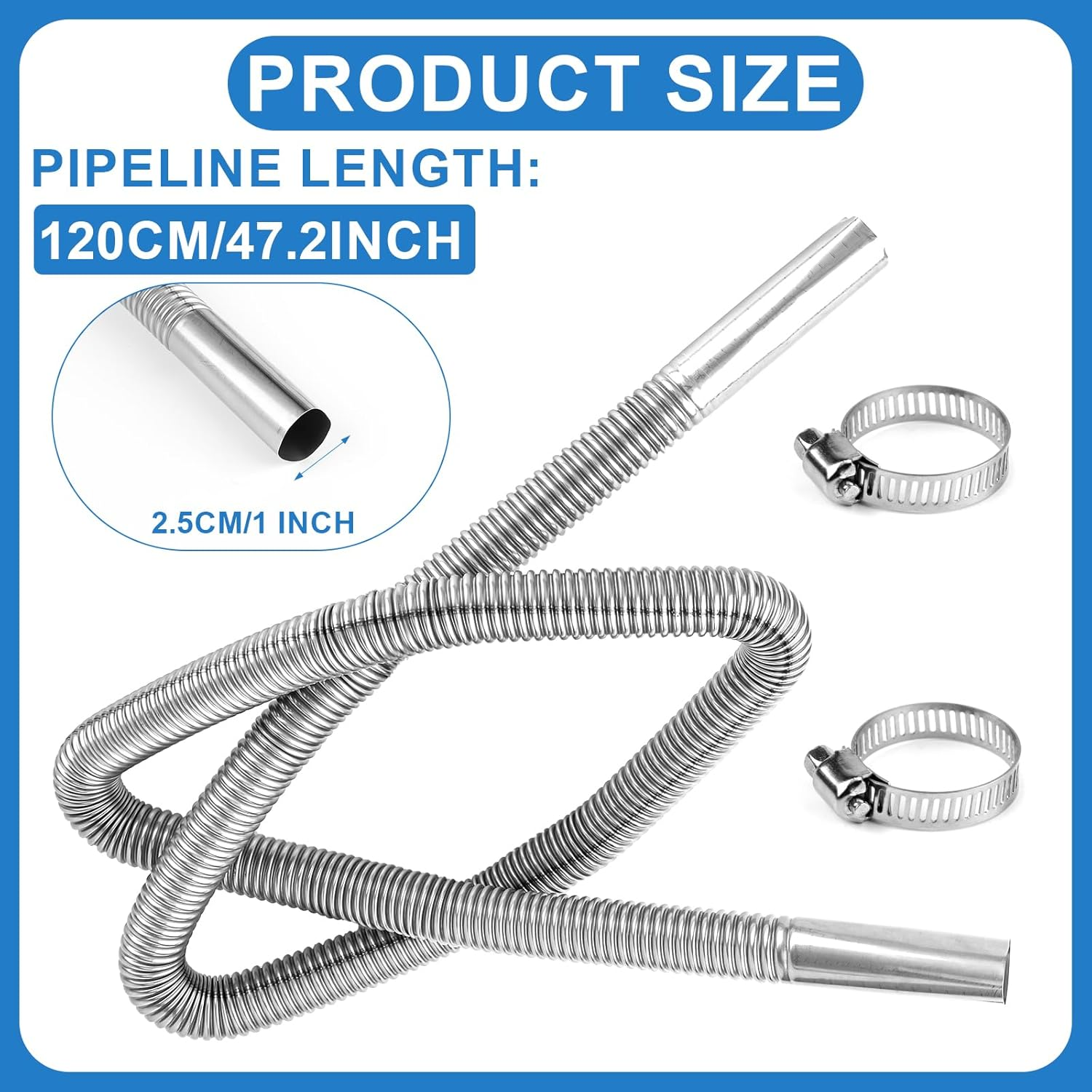 47.2In Diesel Heater Exhaust Pipe, 1" Inner Diameter Flexible Exhaust Tubing Stainless Steel Parking Air Heater Exhaust Hose Generator Exhaust Extension Pipe Car Accessories image number 6