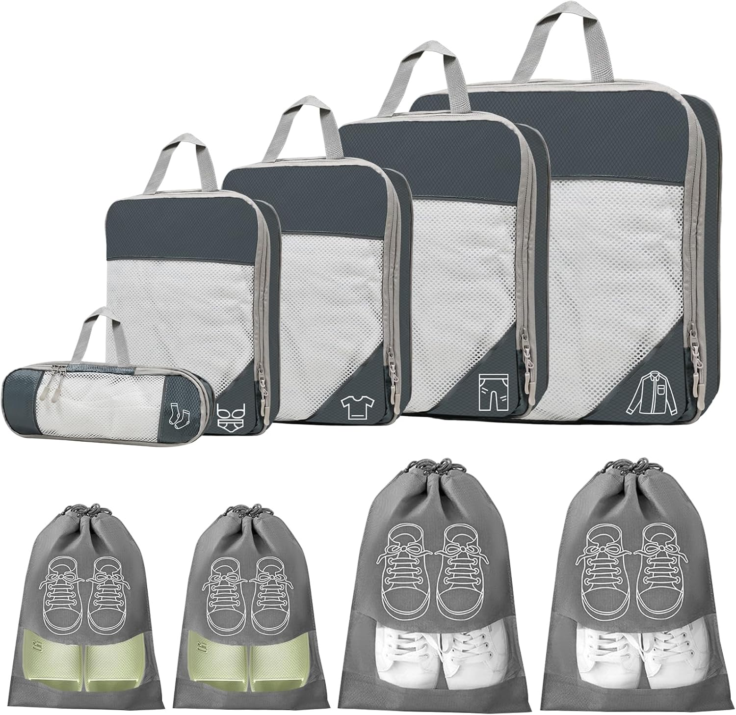 9 Pcs Lightweight Compression Packing Cubes Set, Expandable Water-Resistant Travel Organizer for Suitcase & Carry-On Luggage, Space-Saving Travel Accessories (Multi-Size, Grey) image number 2