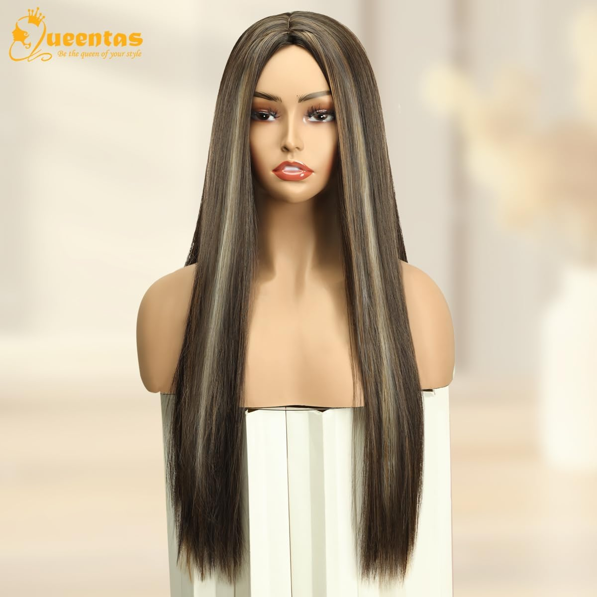 BECUS 24 Inch Long Golden Brown Wigs for Women Highlight Balayage Synthetic Straight Hair Wig for Daily Wear or Cosplay image number 3