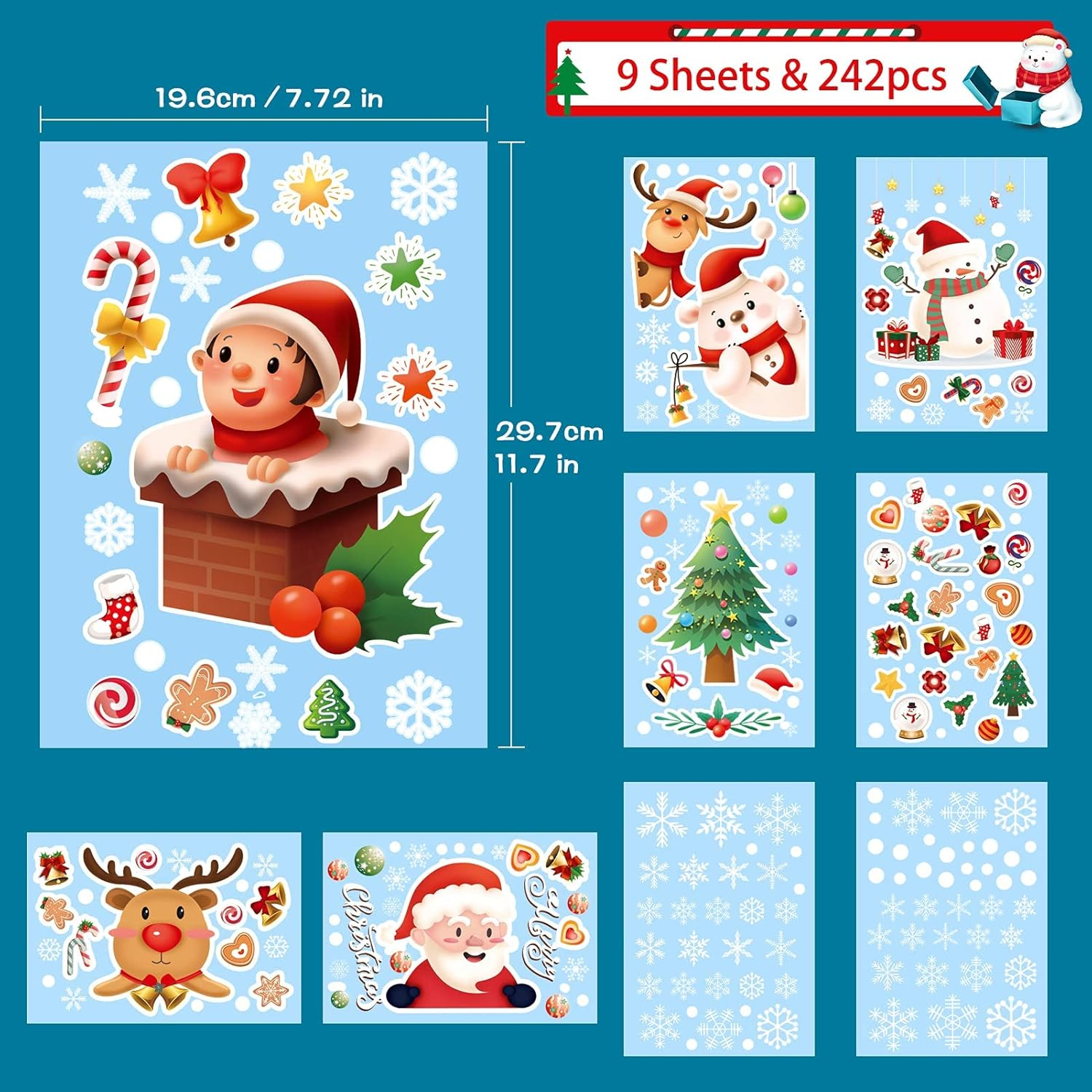 Christmas Window Clings Decorations 9 Sheets 242 Pcs Xmas DIY Window Stickers Snowflake Reindeer Santa Claus Removable Static Stickers for Christmas Window Door Refrigerator Cabinet Decor image number 1