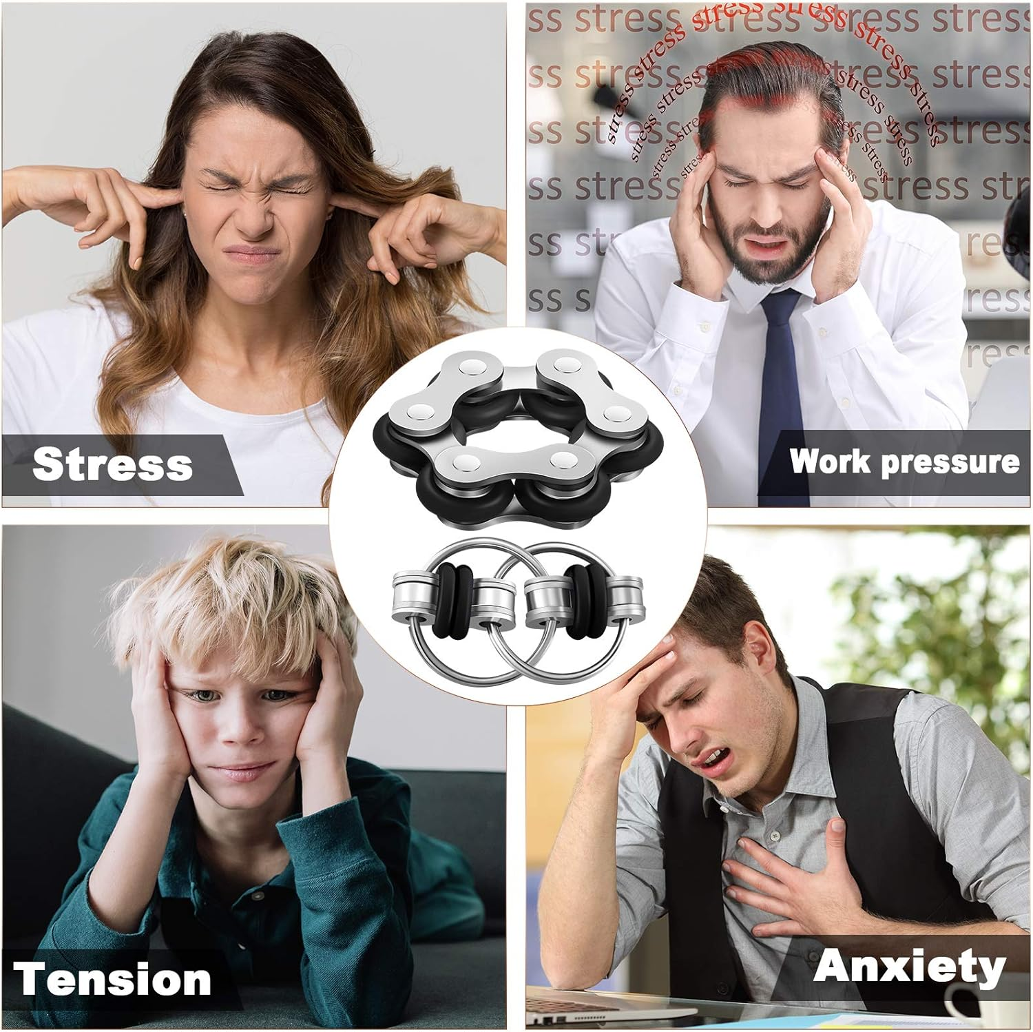 4 Pieces Fidget Toy Set Includes 2 Pieces Key Flippy Chain Stress Reducers and 2 Pieces Six Roller Chain Fidget Toy for Adults and Teens Stress and Anxiety Relief (Blue, Black) - Black,Blue image number 2