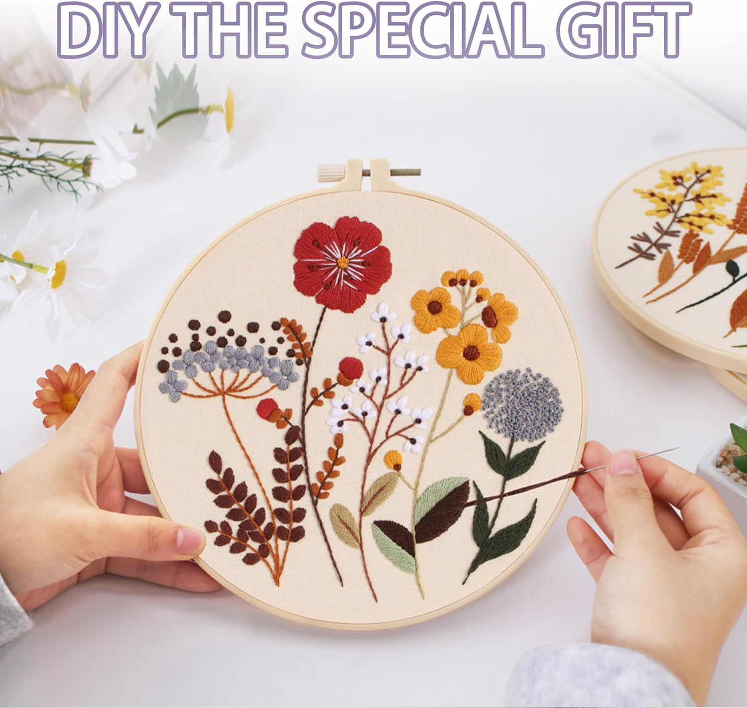 Offizon 3 PCS Embroidery Kit for Beginners - Floral Embroidery Accessories & Hoop Included, Hand Embroidery Kit for Adults Stitching Sewing Kit Gift | Flowera Patterns image number 6