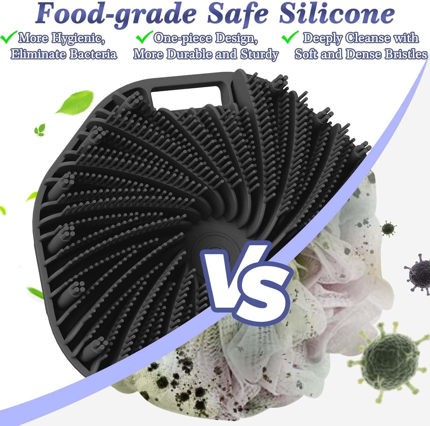 Manmihealth Silicone Back Scrubber & Soft Bath Glove Set 4 Pcs(Thick Bristles), Super-Exfoliating Body Scrubber & Super-Lathering Shower Brush Combination, with 2 Free Hooks (Black) image number 3