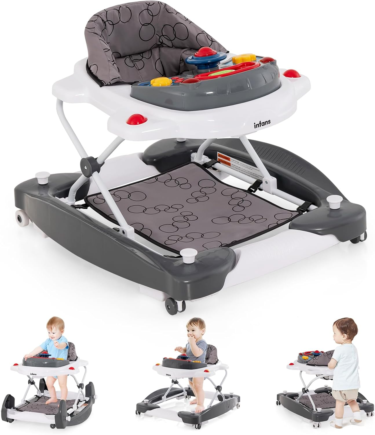 INFANS Baby Walker, 5 in 1 behind Walker Learning Seated Rocker Bouncer with Removable Music Tray, Adjustable Height, Washable Seat Cushion, Foldable Activity Center for Toddlers (Pink)