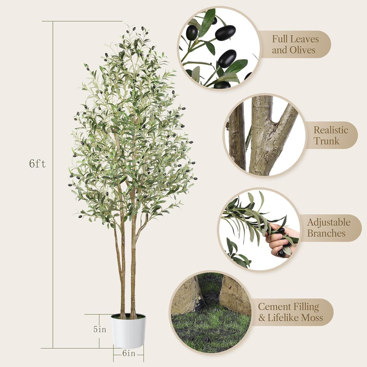 Alupssuc 6Ft Artificial Olive Trees, Faux Olive Tree Indoor with Natural Wood Trunk & Lifelike Fruits, Fake Olive Tree with White Planter for Home Balcony Office Garden Room Decor Gift, 6 Feet, 180CM image number 2