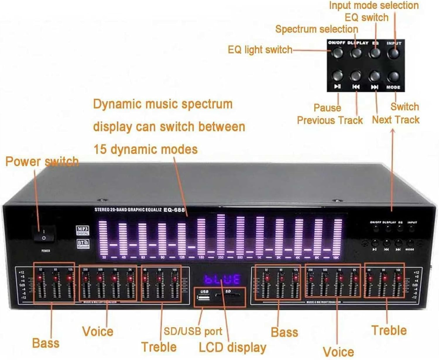 Hi-Fi Graphic Equalizer, 20-Band Digital Equalizer, Spectrum Analyzer with Remote Control, LED Spectrum Display, 15 Dynamic Styles, Noise Reduction Function, for Recording Studio, Home image number 2