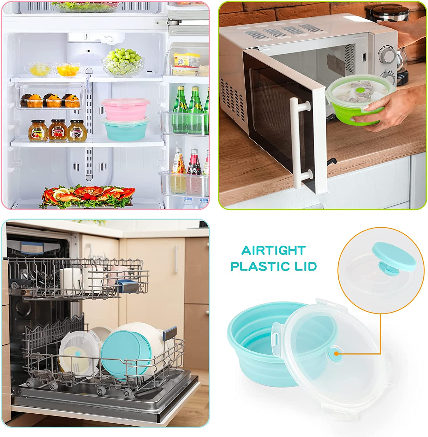 3Pack Collapsible Silicone Food Storage Containers with Lid 17OZ Foldable Lunch Bowls for Microwave Freezer Dishwasher Safe (500Ml Round) image number 2