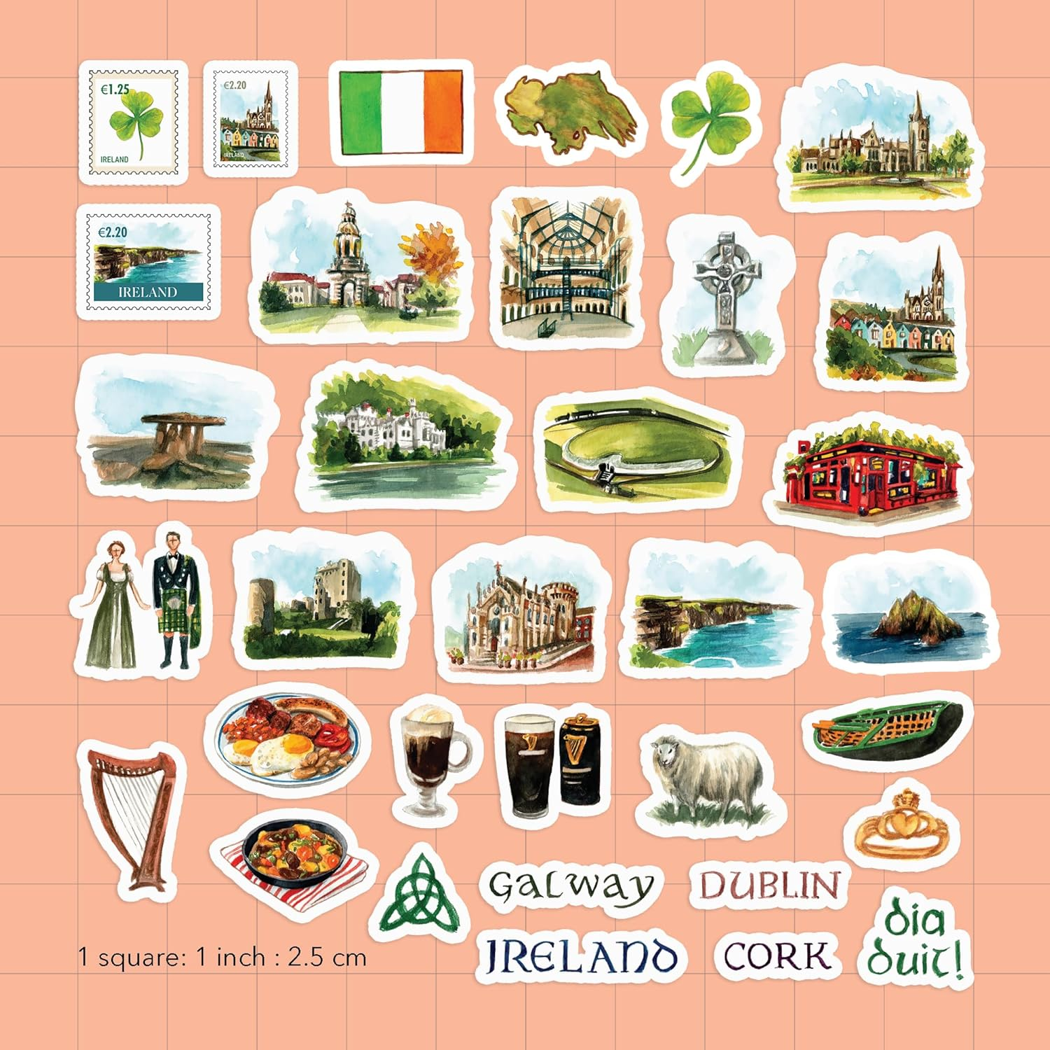 Navy Peony Emerald Ireland Travel Stickers (34Pcs) - Watercolor, Waterproof, Irish Themed Vacation Decals for Journals, Scrapbooks, Tumblers image number 2