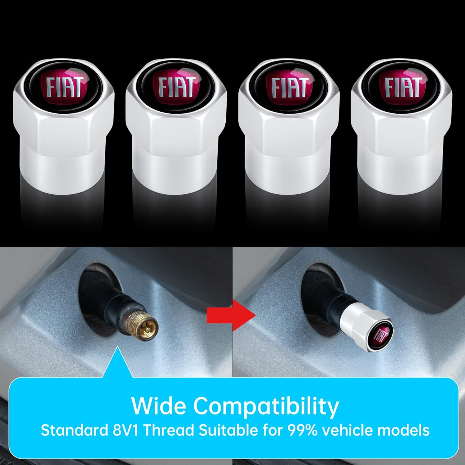 Tire Valve Stem Caps,Wheel Caps Compatible with Fiat 500 500C 500L 500X Brava Bravo Fiorino Panda Palio Series All Models, Metal Air Valve Cover Car Accessory,Not Made by Fiat,4 Pcs(Silver) image number 3