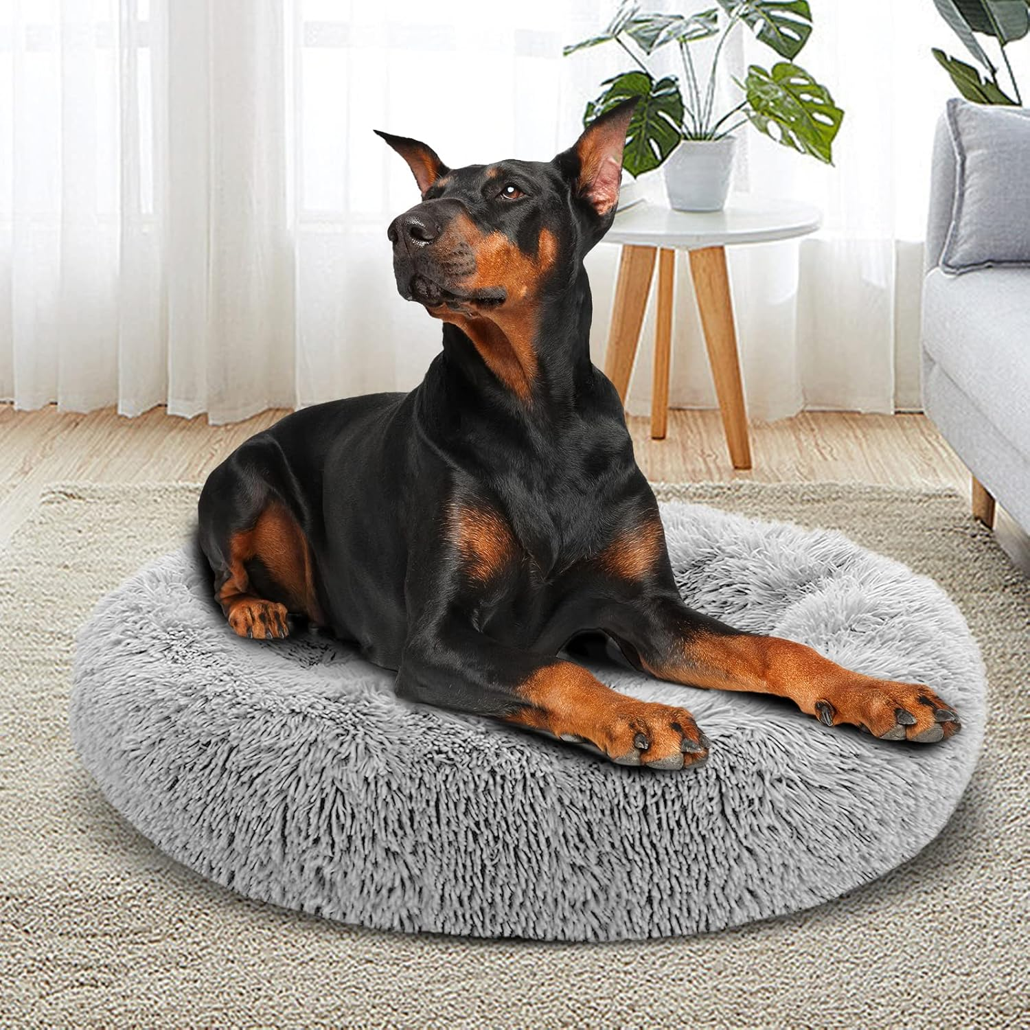 USOR Calming Dog Bed for Large Dogs, Anti-Anxiety Donut Dog Cuddler Bed, Disassemble and Washable 100Cm Extra Large Pet Bed, Warming Cozy Soft Dog Bed, Fluffy Faux Fur Plush Dog Cushion Bed Light Gray image number 5
