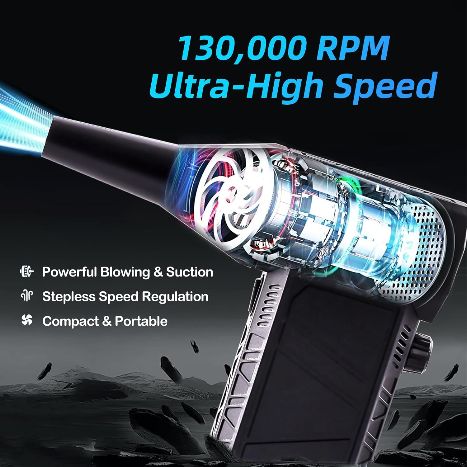 Compressed Air Duster, 130,000 RPM High-Speed Motor with Stepless Speed Control, Rechargeable Electric Turbo Jet Blower with Vacuum Cleaning Kit for Computers, Keyboards, Electronics, Snow, and Cars image number 3