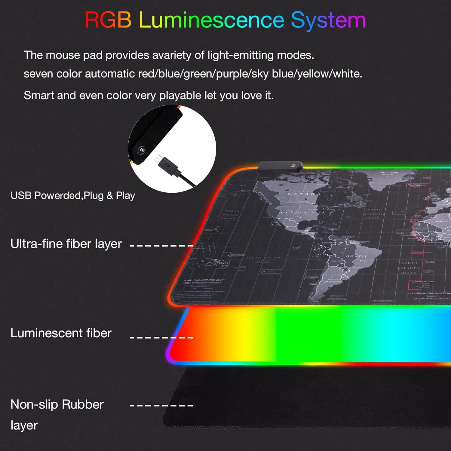 RGB Mouse Pad, Large XXL 80 X 30Cm, World Map, Polyurethane & Rubber, Gaming & Office, LED Lights, Non-Slip Base, Edge Stitching, Plug & Play Memory Function image number 3