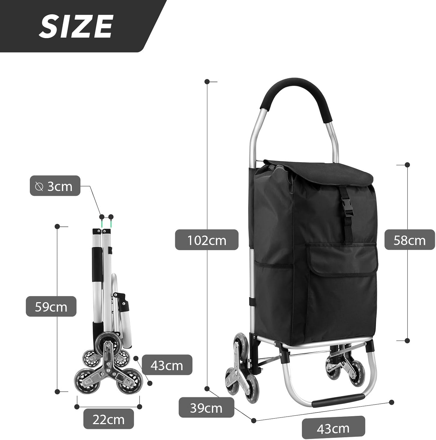 Folding Shopping Trolley with Stair Climbing Wheels Shopping Cart Aluminium Waterproof Foldable Grocery Cart Market Shopping Bag Utility Cart 45L image number 5