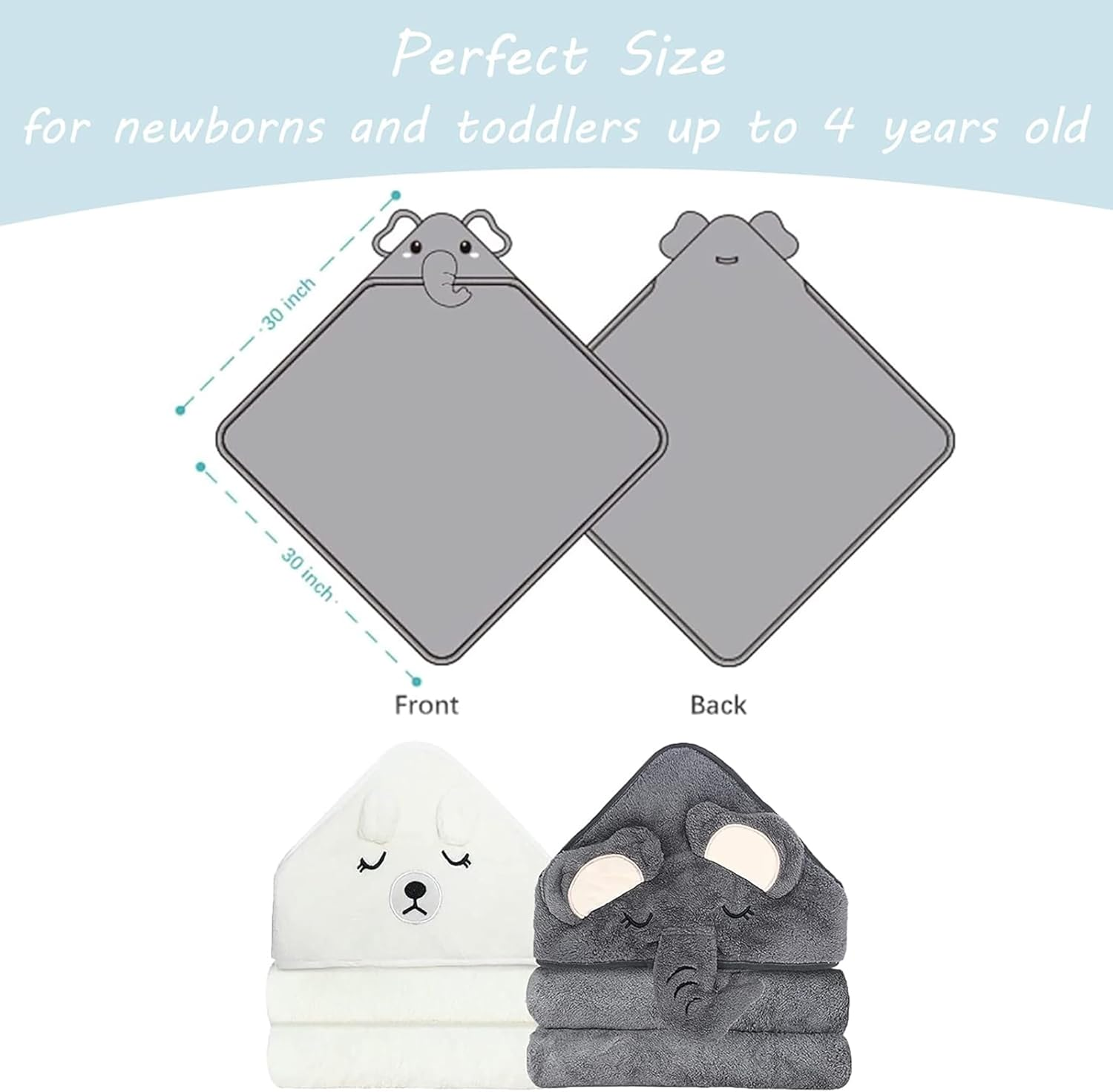 3-Piece Hooded Baby Towel Set - Super Soft Hooded Baby Bath Towels with Small Towel and Baby Bib for Infants, Newborns - Super Absorbent (Gray) - Gray image number 2