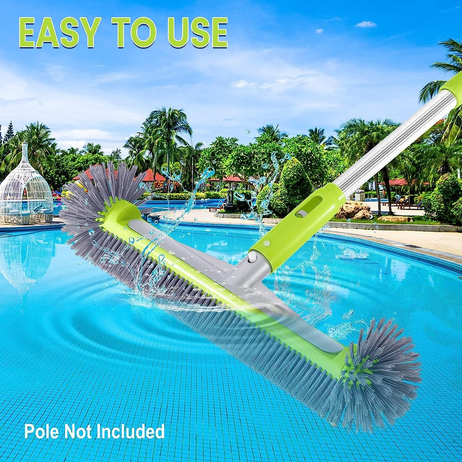 Professional Swimming Pool Brush Head with round Ends,17.5" Heavy Duty Aluminum Back for Cleaning Pool Walls, 7 Rows Premium Nylon Bristles with EZ Clips (Green Grey) - Green Grey image number 4