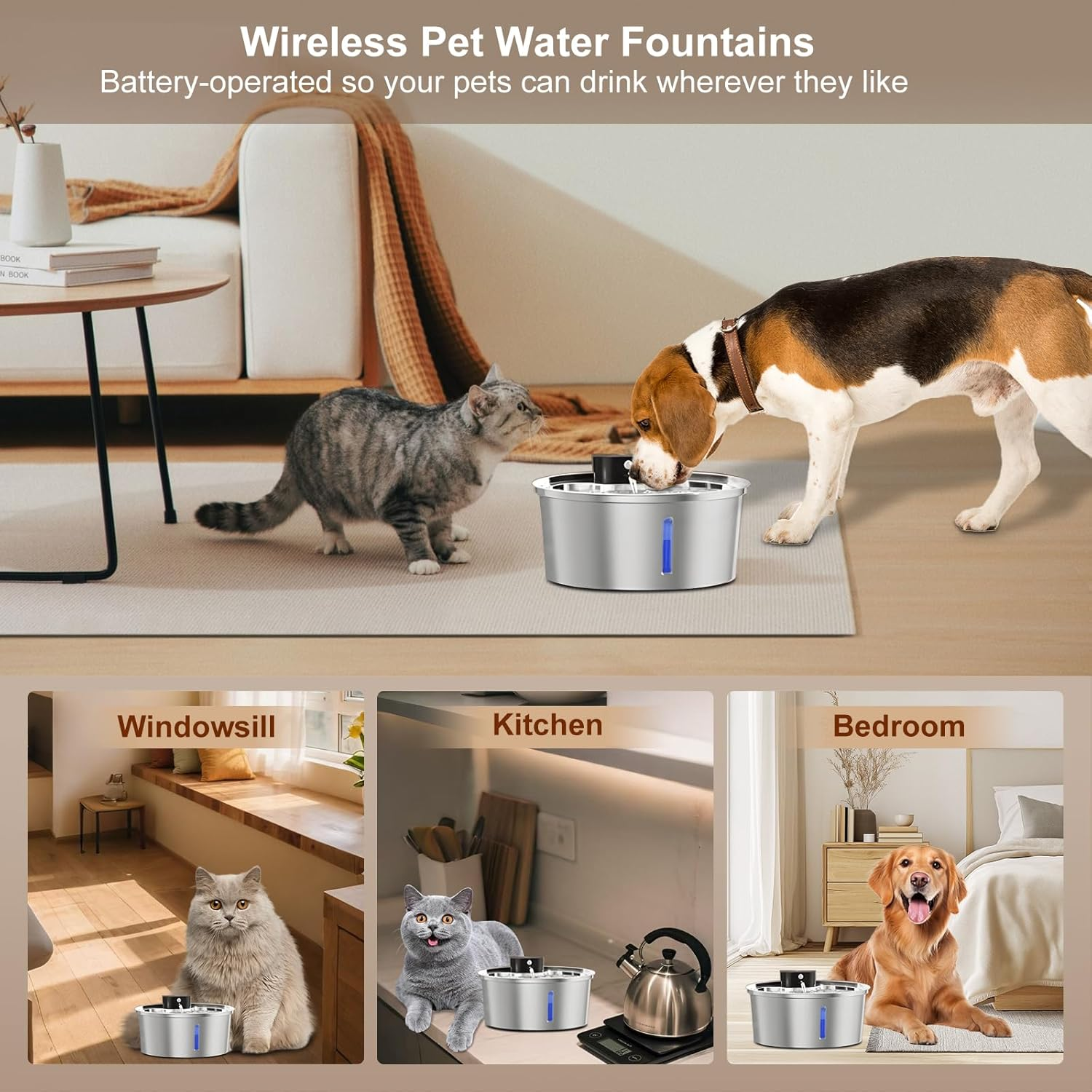 Wireless Cat Water Fountain Stainless Steel, 7L 5000Mah Rechargeable Battery Operated Cat Water Dispenser, Cordless Pet Waterfountain for Cats & Dogs with Motion Sensor, Quiet Pump, Multi-Filtration image number 6