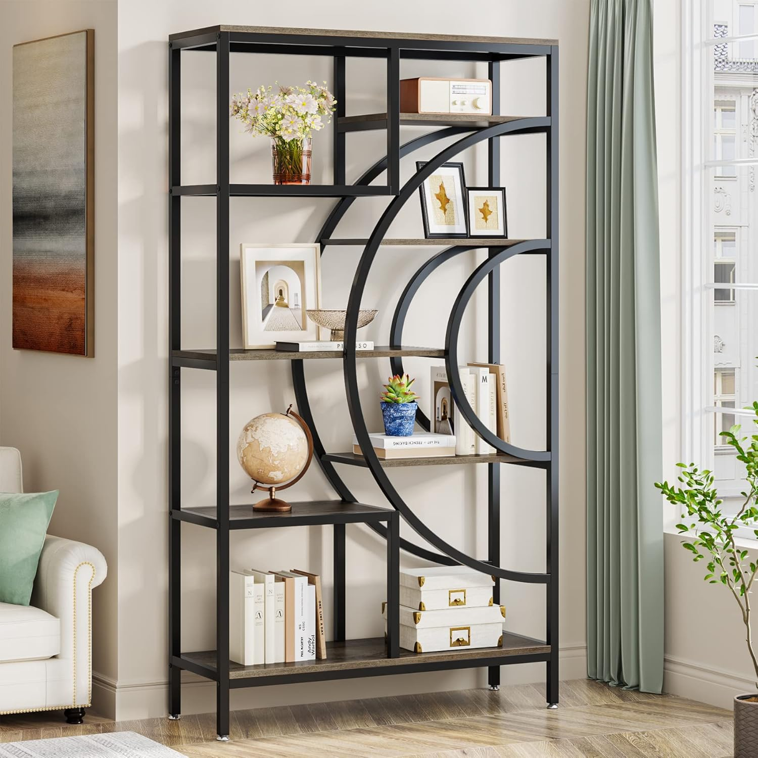 Tribesigns Geometric Bookshelf, Industrial 8-Tiers Bookshelves, Rustic Etagere Bookcase with Metal Frame, Tall Freestanding Open Storage Shelving Units for Home Office, Living Room(100 Cm Wide)
