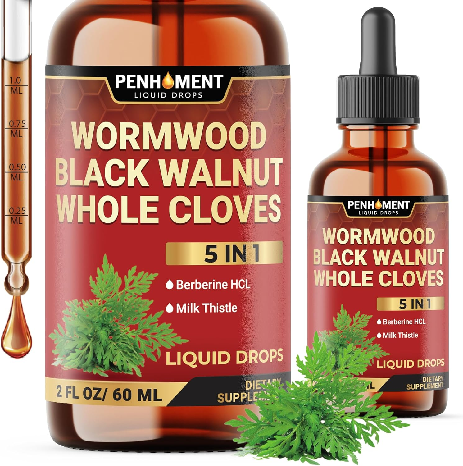 Penhoment 5In1 Wormwood Liquid Drops - Black Walnut Cloves Extract, Berberine, Milk Thistle - 2 Fl Oz - 60 Days Supply image number 2