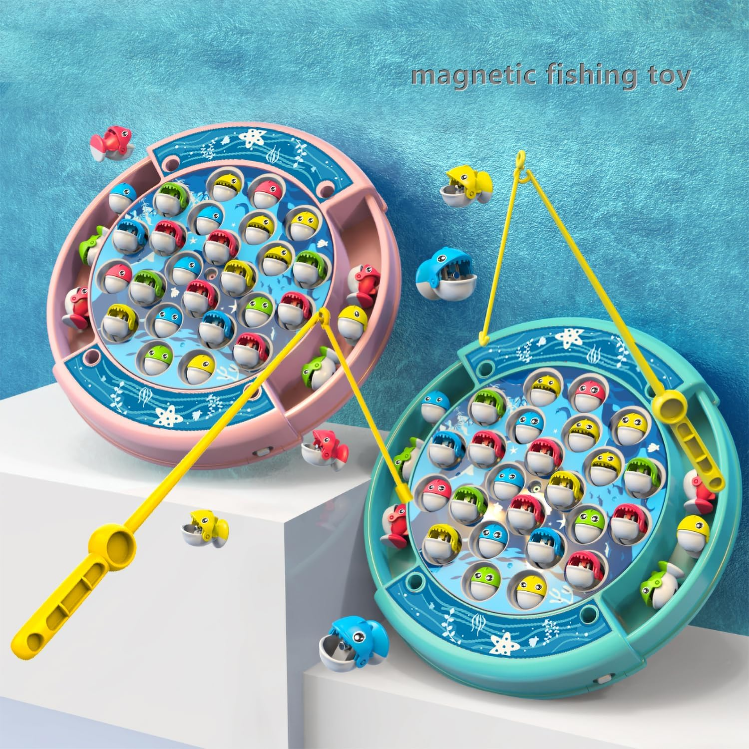 Magnetic Fishing Game for Kids, Rotating Board Games Fishing Toy with Cute Music and 24 Fish (Green)