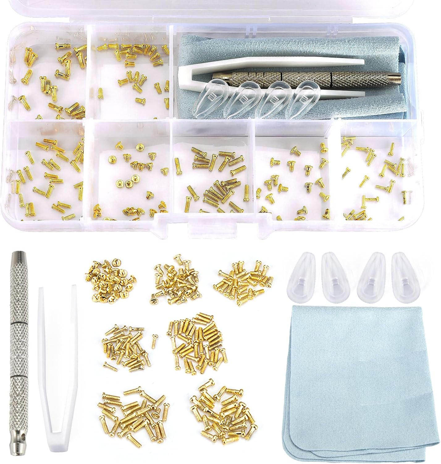 Sunglasses Eyeglasses Repair Kit 140PCS Gold Tiny Stainless Steel Screws and 2 Pairs Nose Pads with Micro Screwdriver Tweezer for Watch Clock Spectacle Eyewear Repair