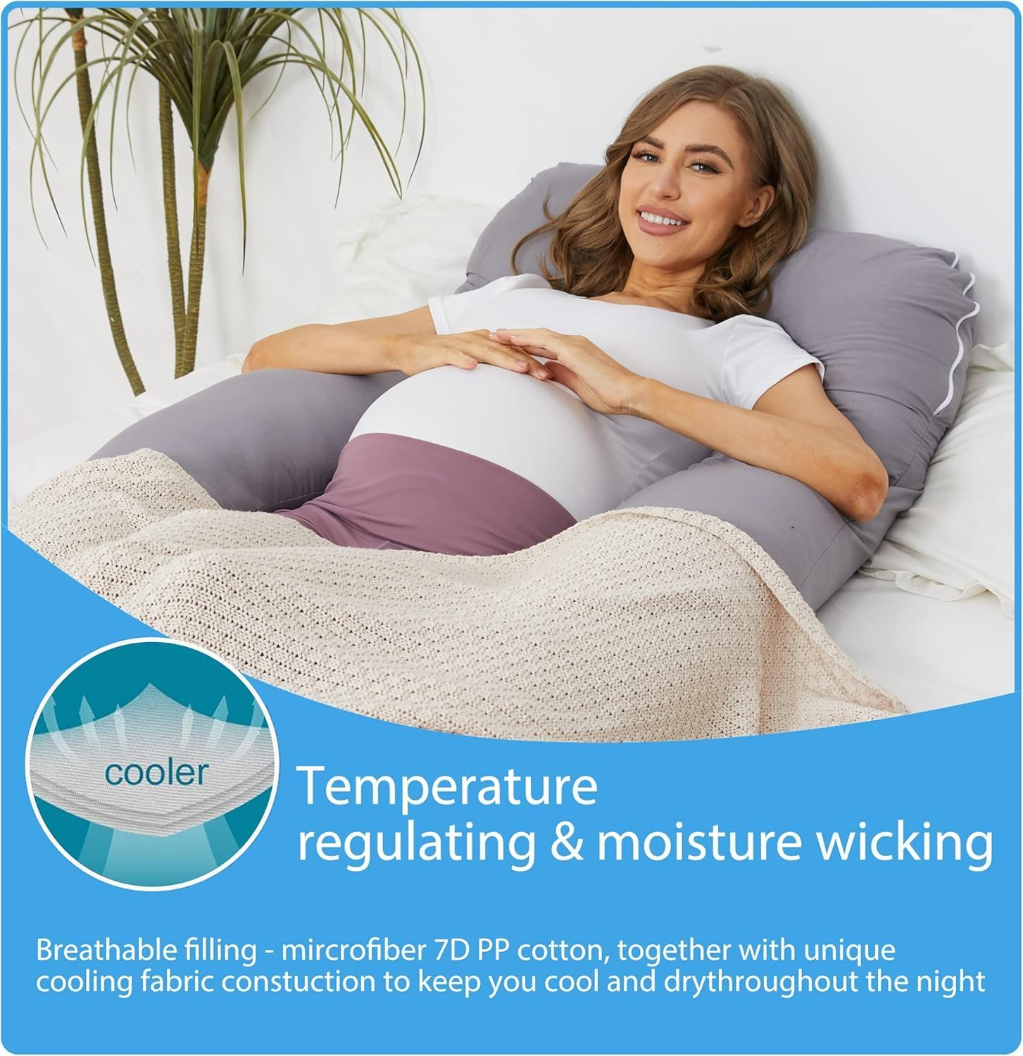 Pregnancy Pillows, Pregnancy Belly Side Sleeping Pillow, Maternity Waist Pillow, Comfortable Support Back HIPS Legs, Women Body Cotton Pillowcase U Maternity Form Pillows, Pure Cotton (Light Gray)