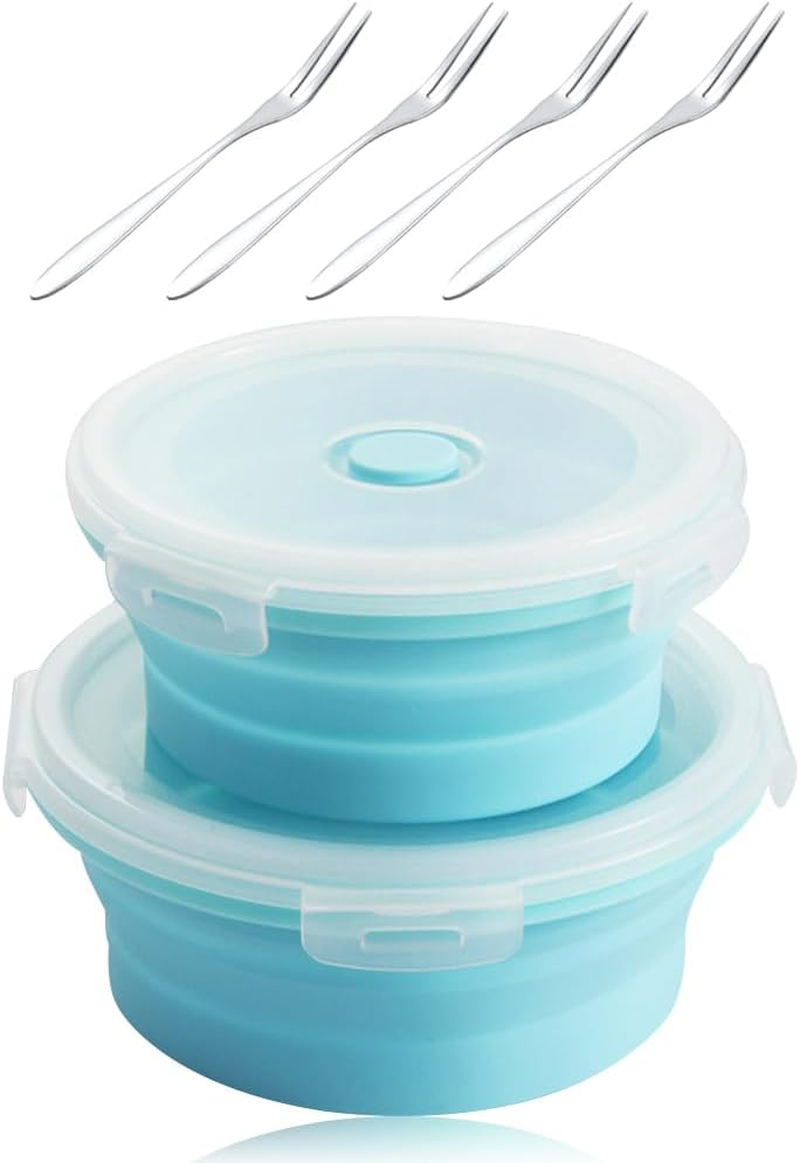 Lbxtswpl Collapsible Bowl, 2 Pieces with Lid Silicone Bowl with Fruit Fork for Camping Hiking Kitchen School Outdoor (Blue) image number 3