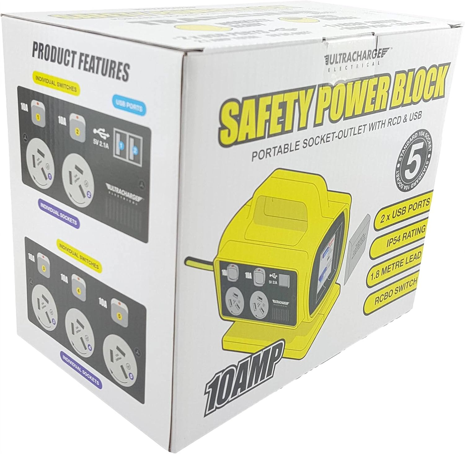 Ultracharge 10A Plug RCD Portable Safety Power Block with 2X USB Ports image number 5