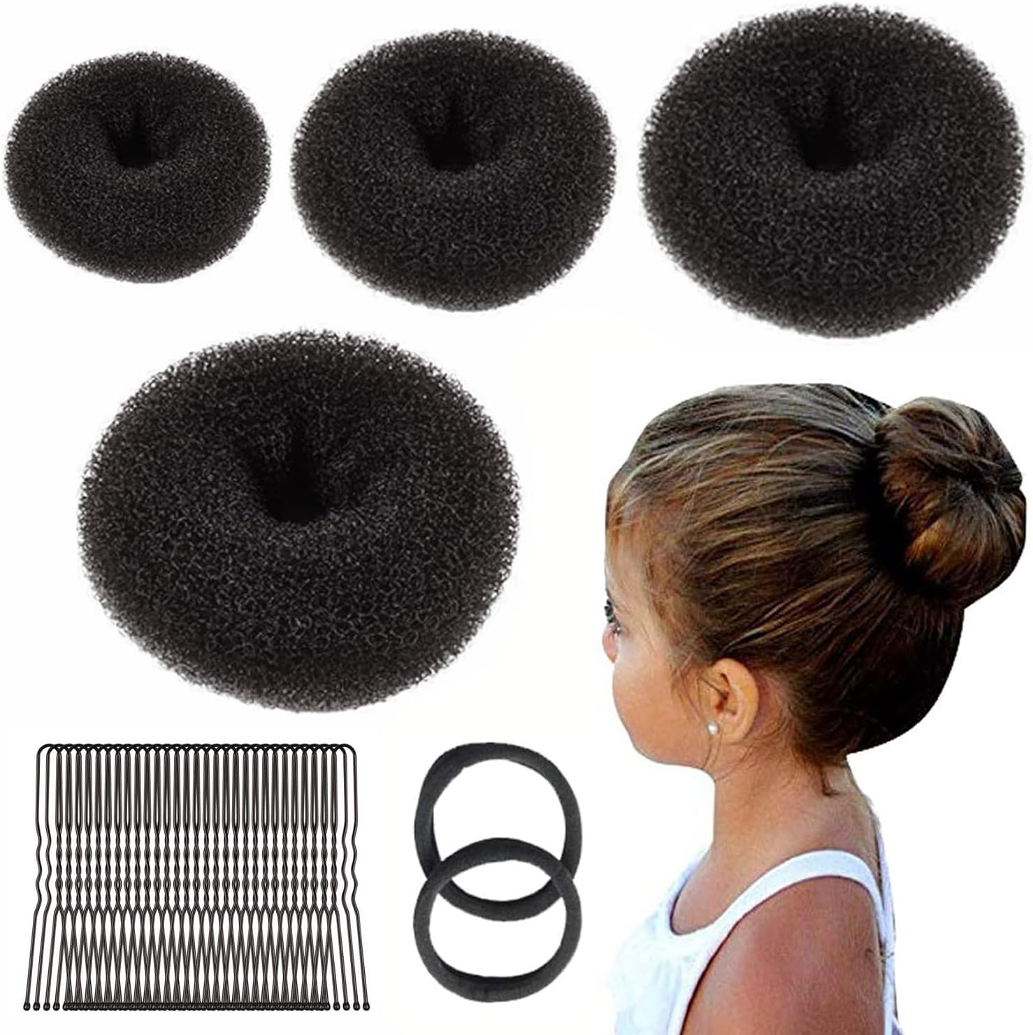 4-Piece Doughnut Hair Bun Maker Set with 2 Elastic Hair Bands, 30 U-Shaped Hair Clip, Hair Pin, Bun Cushion, Bun Maker for Children, Girls, Women (Brown 2) image number 4
