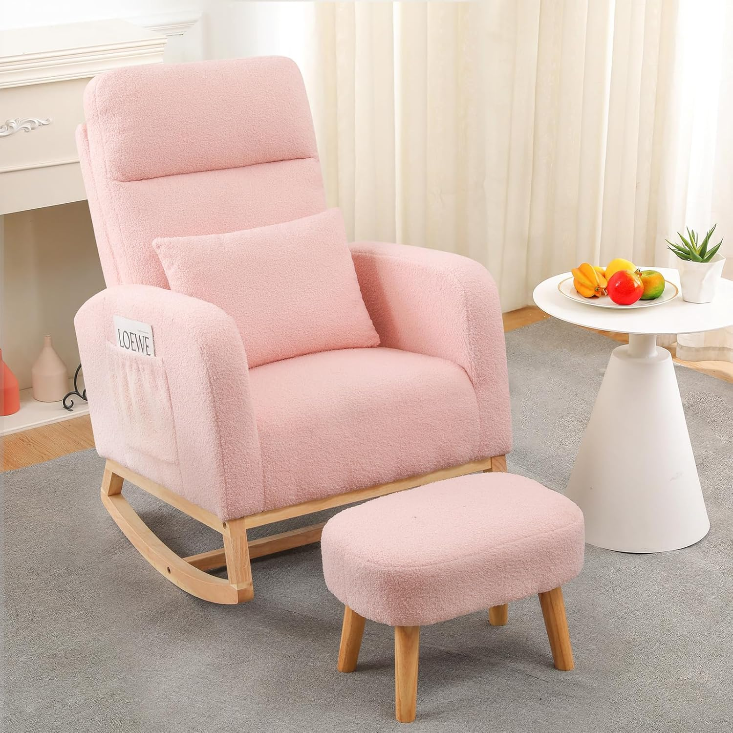 Levede Rocking Chair Nursery with Ottoman, Nursing Armchair Recliner with Footrest, Boucle Sherpa Fleece Rocker Occasional Reading Chairs for Living Room,Bedroom, Side Pocket High Backrest Footstool