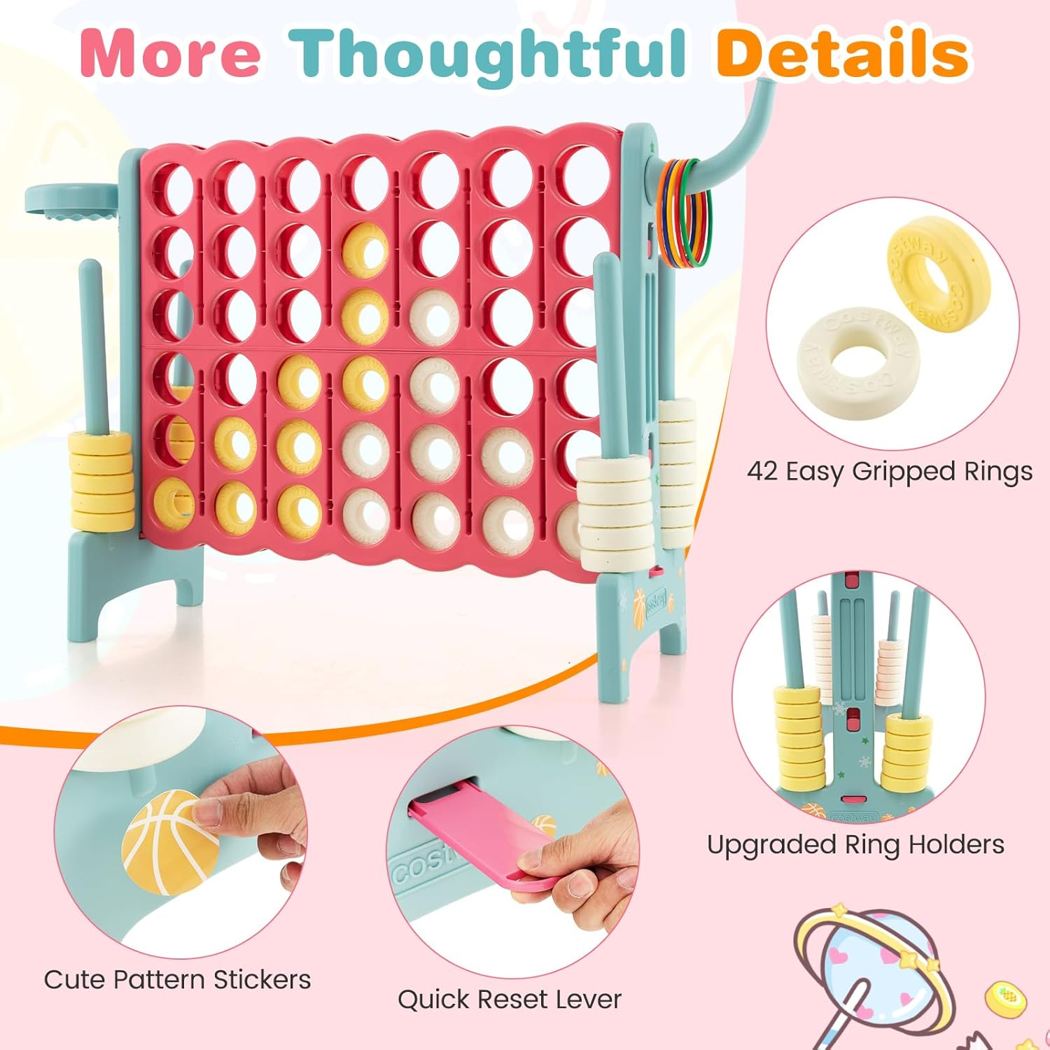 Costway Giant 4-In-A-Row Game, Oversized Jumbo 4-To-Score Game Set W/Quick-Release Lever, Upgraded Stickers for Kids & Adults, Connect Plastic Game W/42 Jumbo Rings for Indoor & Outdoor (Blue+Pink) image number 2