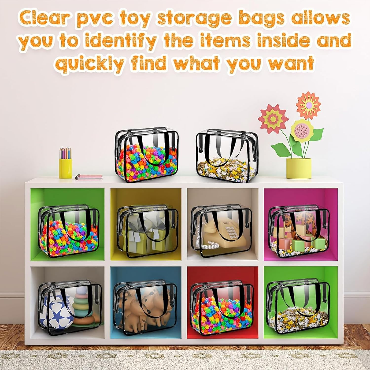 6 Packs Toy Storage Bags, Clear PVC Toy Storage Bags with Zippered, Waterproof Toy Bags for Board Games, Handheld Toy Storage Organizer for Building Blocks Board Games Toys,Large Black image number 6