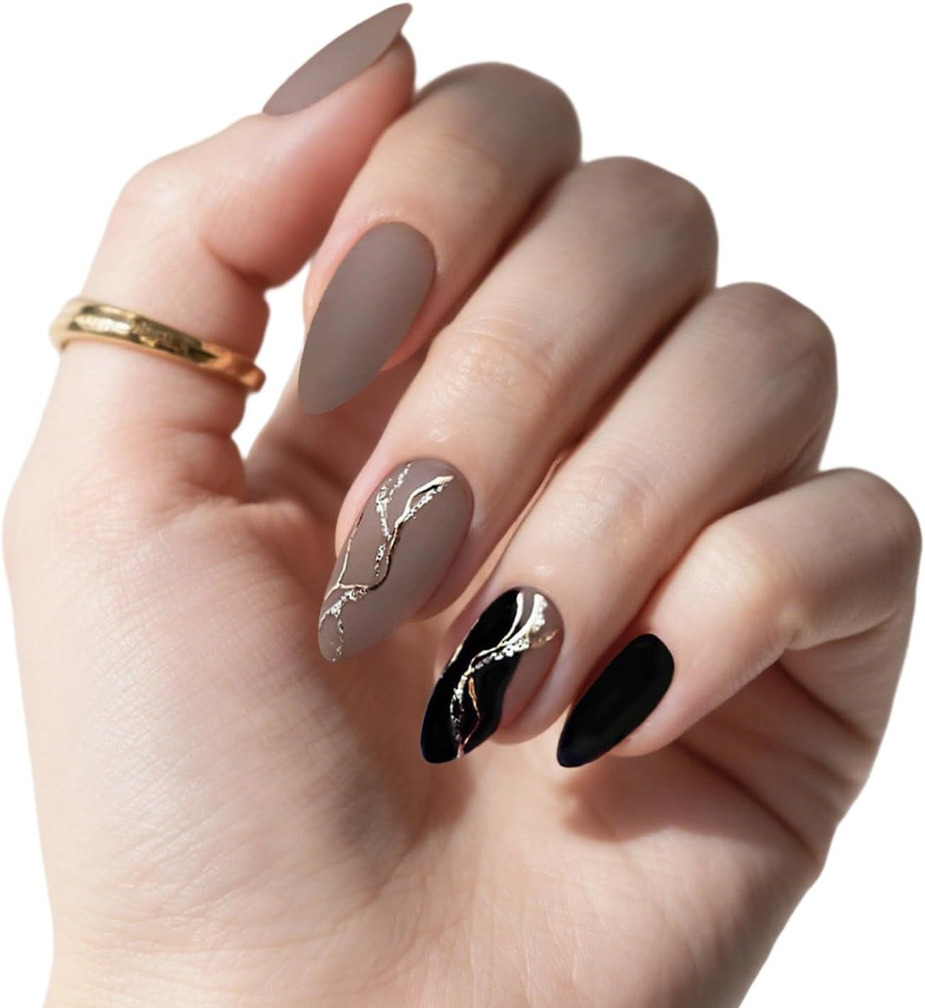 Tzylomirx 24 Pcs Press on Almond Nails with Metal Line Design, Medium Length French Tip Elegant and Stylish Coffin False Nails, Glossy Full Cover Acrylic Nails Ideal for Women & Girls image number 3