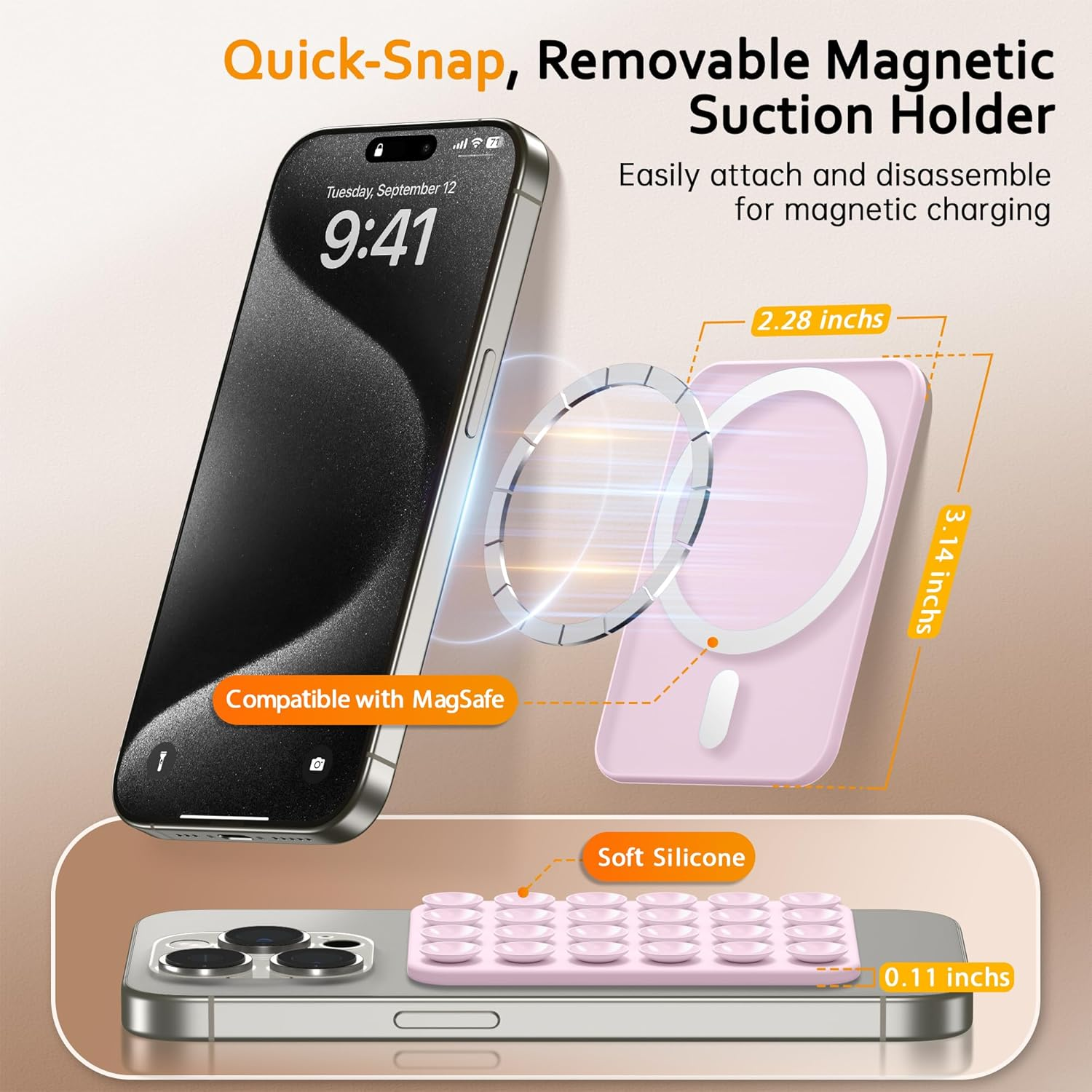 GONEZ Magnetic Suction Cup Phone Mount for Magsafe Case, Removable Silicone Sticky Grip for Iphone 12/13/14/15/16, Hands-Free Selfies and Videos for Tiktok & Instagram Influencer/Creator, Pastel Pink - Black image number 5