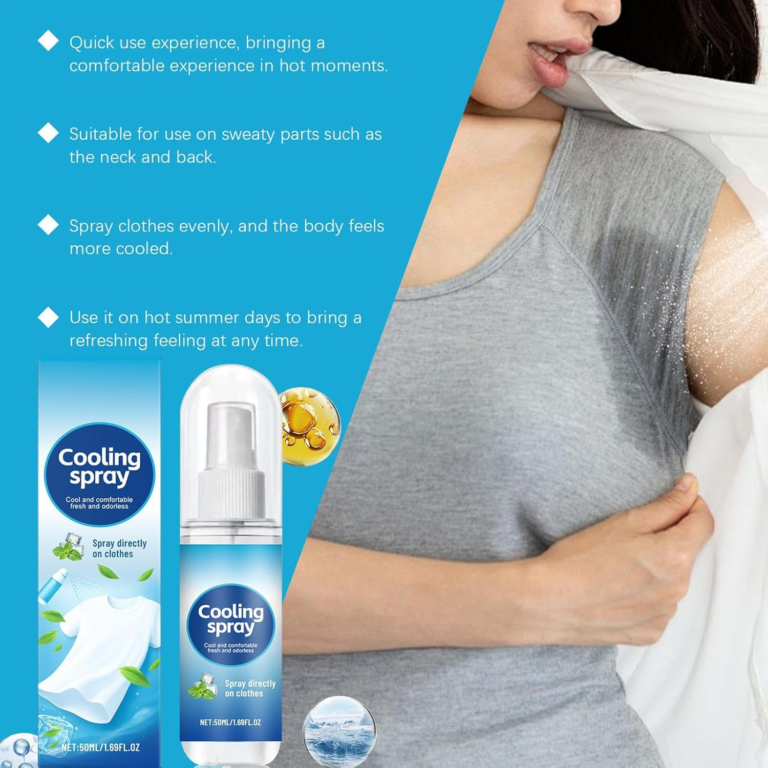 Qkbuza Cooling Spray for Hot Weather - Cooling Spray for Clothes,50Ml Refreshing Liquid Soothing Solution for Men Women Adults Teens Athletes Yoga Beach Vacation Running