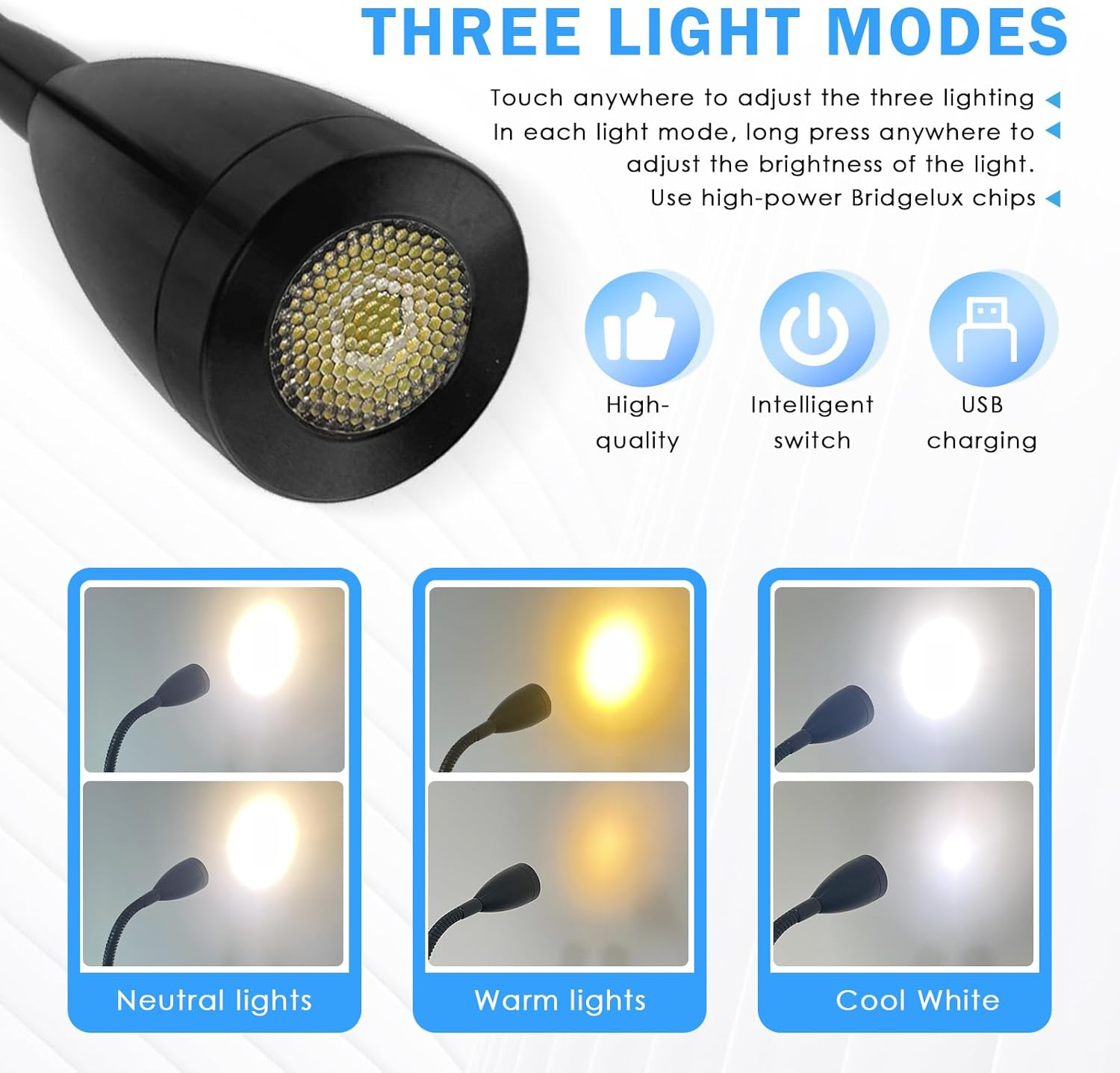 Tznpnor 2 Pack 12-24V RV LED Bedside Light USB Charging Port Gooseneck LED Spotlight, Touch Dimming 360&deg; Rotating Spotlight for Camper Travel Truck Trailer RV Bedside Lamp (Black) image number 3