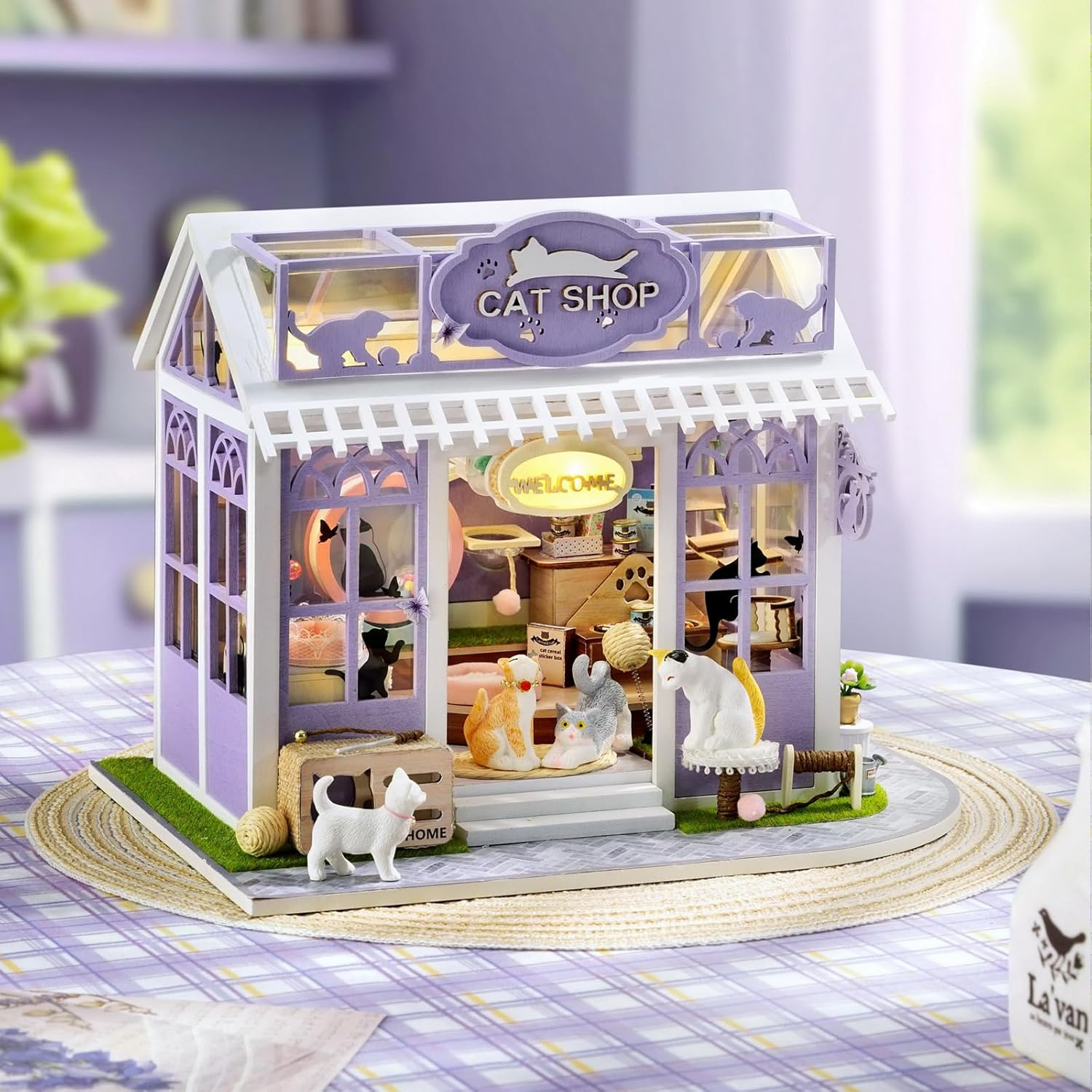 CUTEROOM DIY Miniature Cat Shop Dollhouse Kit with LED Lights&Music Box, Purple and White, Includes Furniture and Accessories Best Gifts for Aldult (Kitten Paradise) - Kitten Paradise image number 4