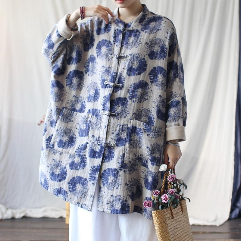 Women'S Vintage Chinese Style Cotton Linen Jacket Long Sleeve Frog Button Coat Loose Fit Tops Blue image number 5