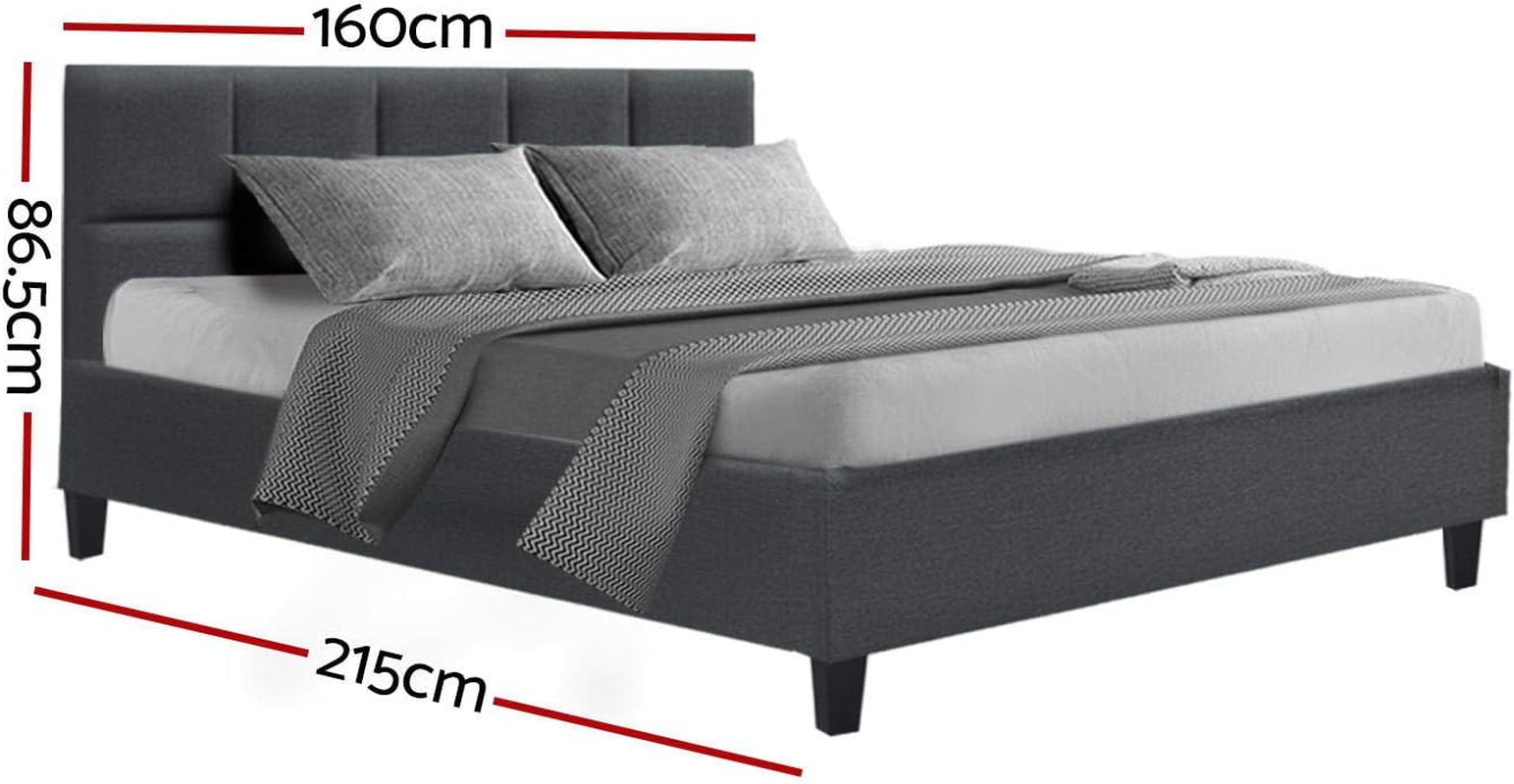 Artiss Queen Bed Frame Platform Checkered Headboard Wooden Beds Base Frames Bedroom Room Decor Home Furniture, Upholstered with Charcoal Faux Linen Fabric + Foam + Wood, Modern Design