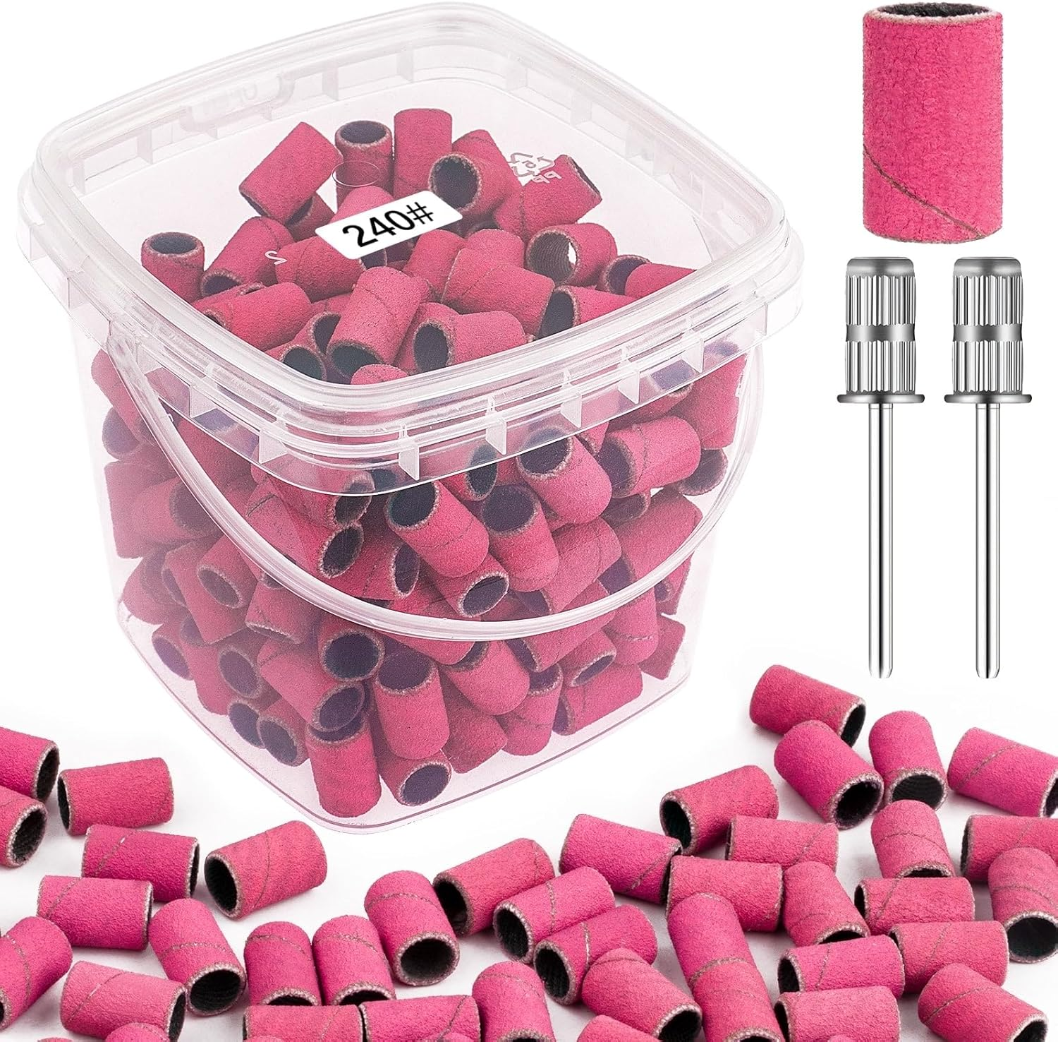 Rolybag Sanding Bands for Nail Drill 240 Grit Extreme Fine Nail Sanding Bands 200Pcs Pink Professional Sanding Bands and 2Pcs Nail Drill Bits for Manicures and Pedicure