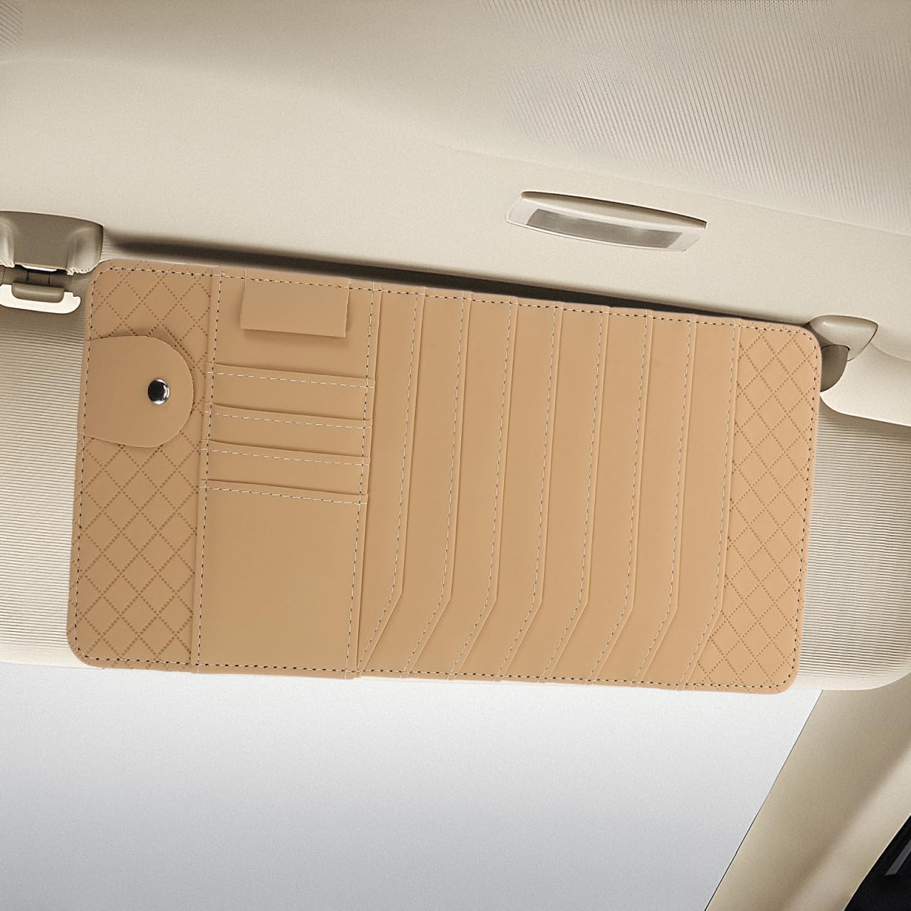 POPETPOP Car Visor Organizer CD Holder with Faux Leather Multifunctional Sun Visor Storage Bag for Sunglasses and Dvds Stylish Car Accessories for Drivers image number 4