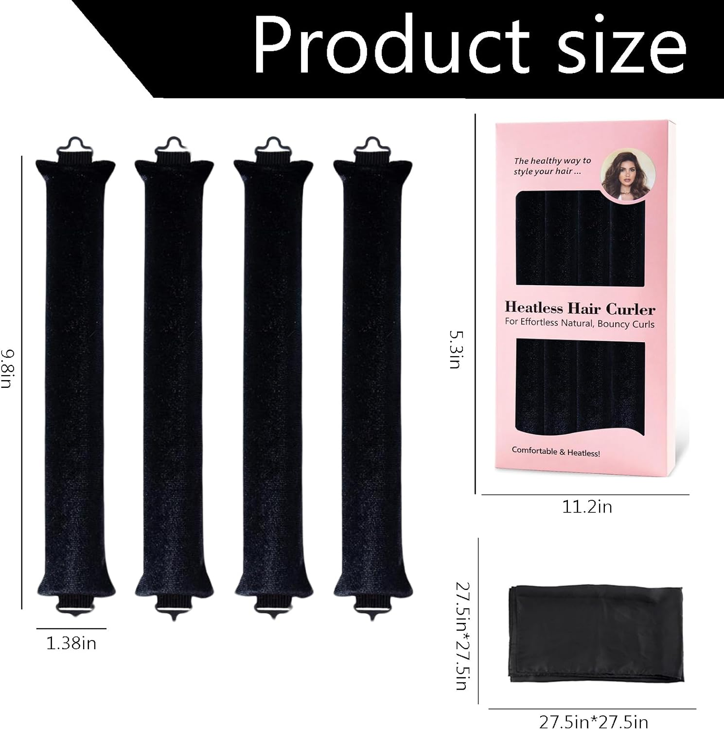 Heatless Hair Curler Rod Headband for Women Girls, Sleep Overnight Heatless Curling Rollers Set Styling Tools, 4 Pack Black Curling Rods with One Silk Head Scarf image number 3