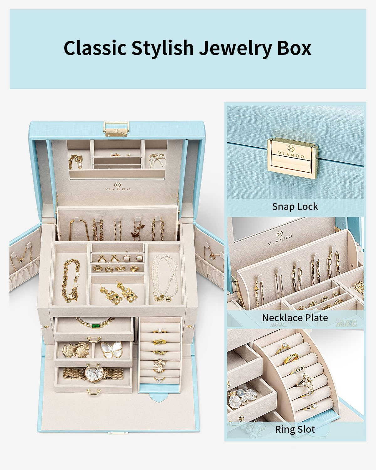 Vlando Jewelry Box Organizer for Girls Women, Large Baroque Jewelry Holder Organizer with Mirror, 3 Drawers for Bracelets, Earrings, Rings, Necklaces, Mothers Day Gifts for Loved One, Blue image number 4