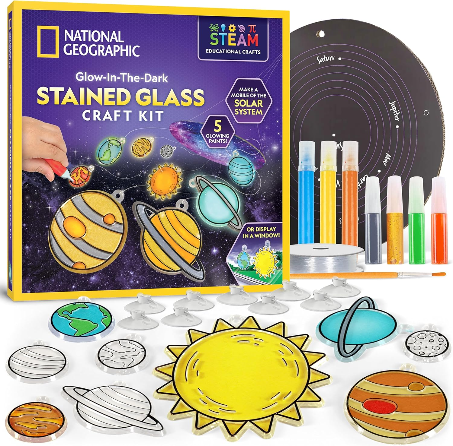 National Geographic Kids Window Art Kit - Stained Glass Solar System Arts & Crafts Kit with Glow in the Dark Planets, Suncatchers, Space Room D&eacute;cor image number 6