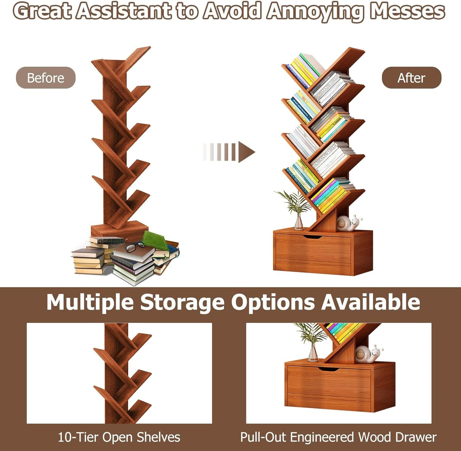 10 Tier Tree Bookshelf with Drawer,Floor Standing Bookshelf, Tall Wood Book Storage Rack with Anti-Fall Device and Heightened Baseand, for Living Room, Bedroom, Office image number 3