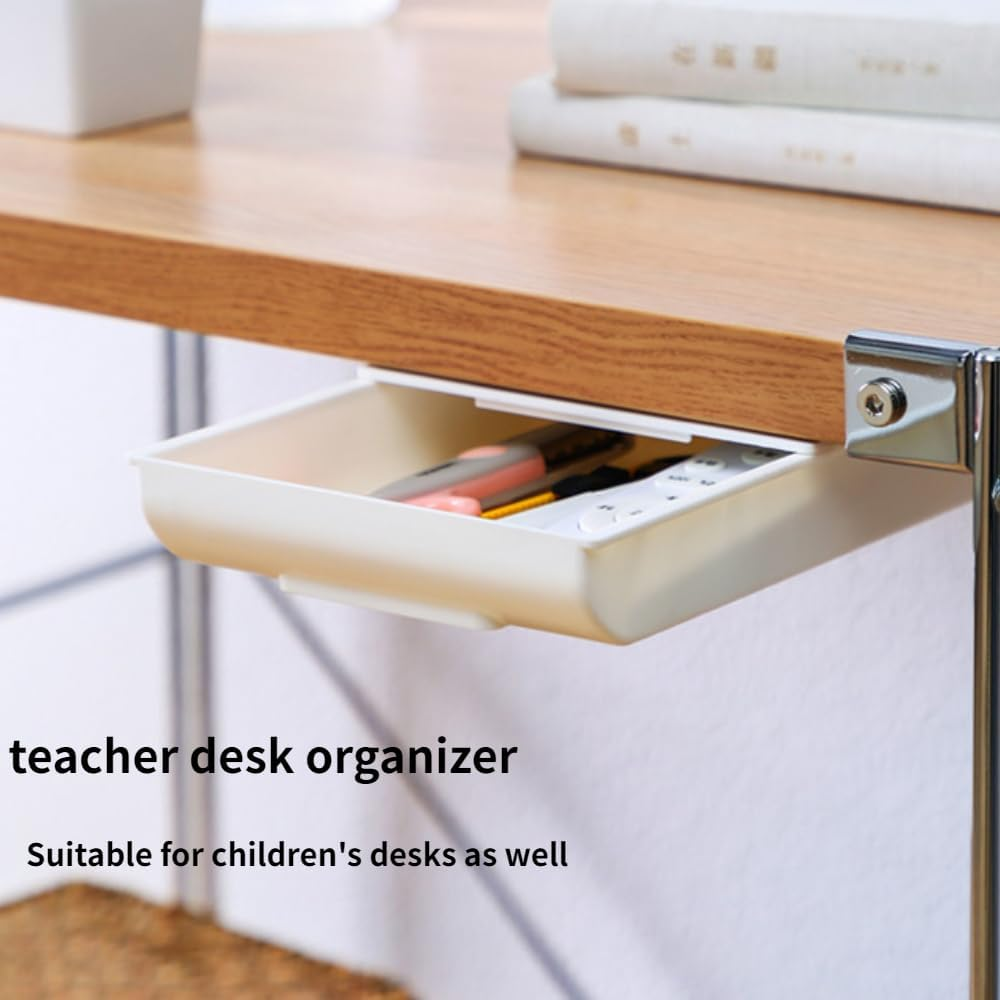 Frafuo 2 Pcs Adhesive Pull Out Drawers for Cabinets-Under Desk Drawer Organiser Tray-Plastic Hidden Drawer Storage-Slide Out under Desk Drawer-Adhesive Hidden Desktop Organizer (White,L+M) image number 2