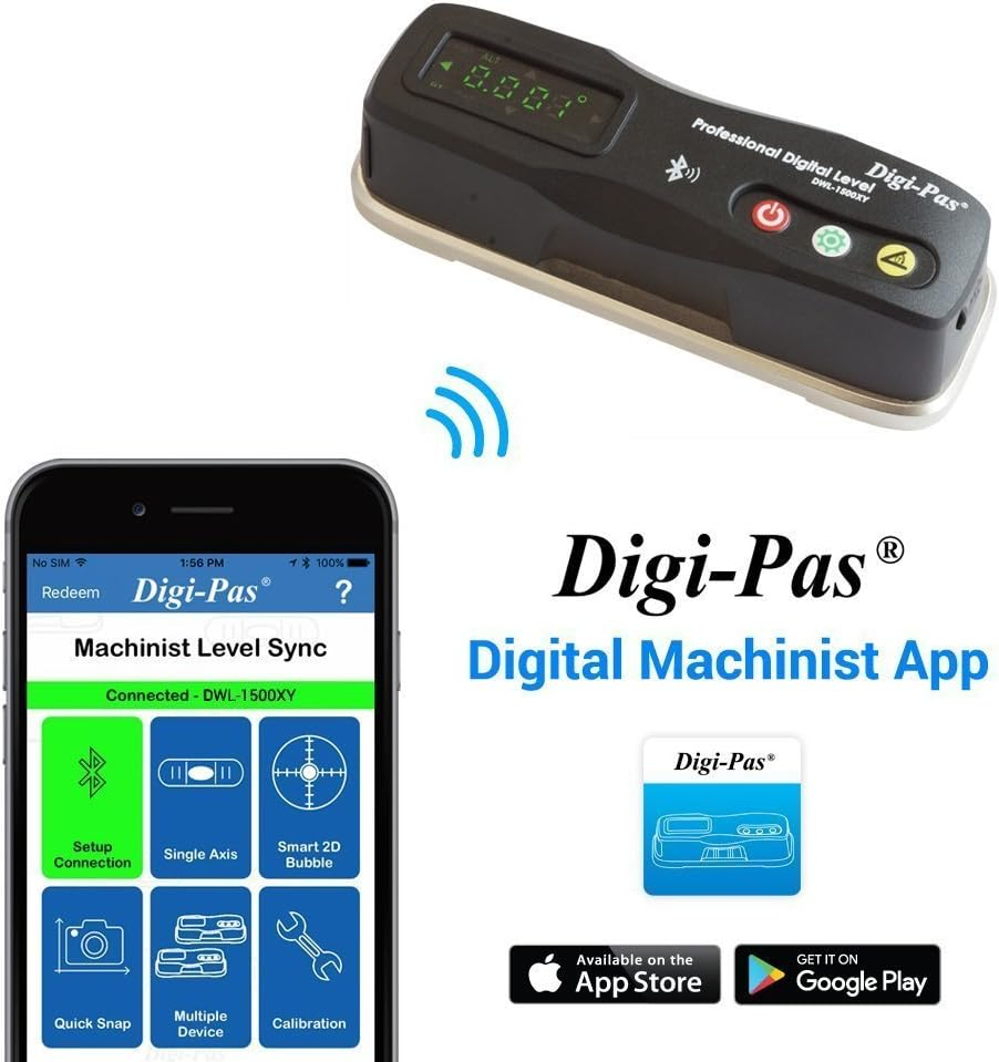 Digi-Pas 2-Axis Smart Master Precision Level DWL1500XY Bluetooth, 0.0002"/Ft (0.02 Mm/M), Black image number 6