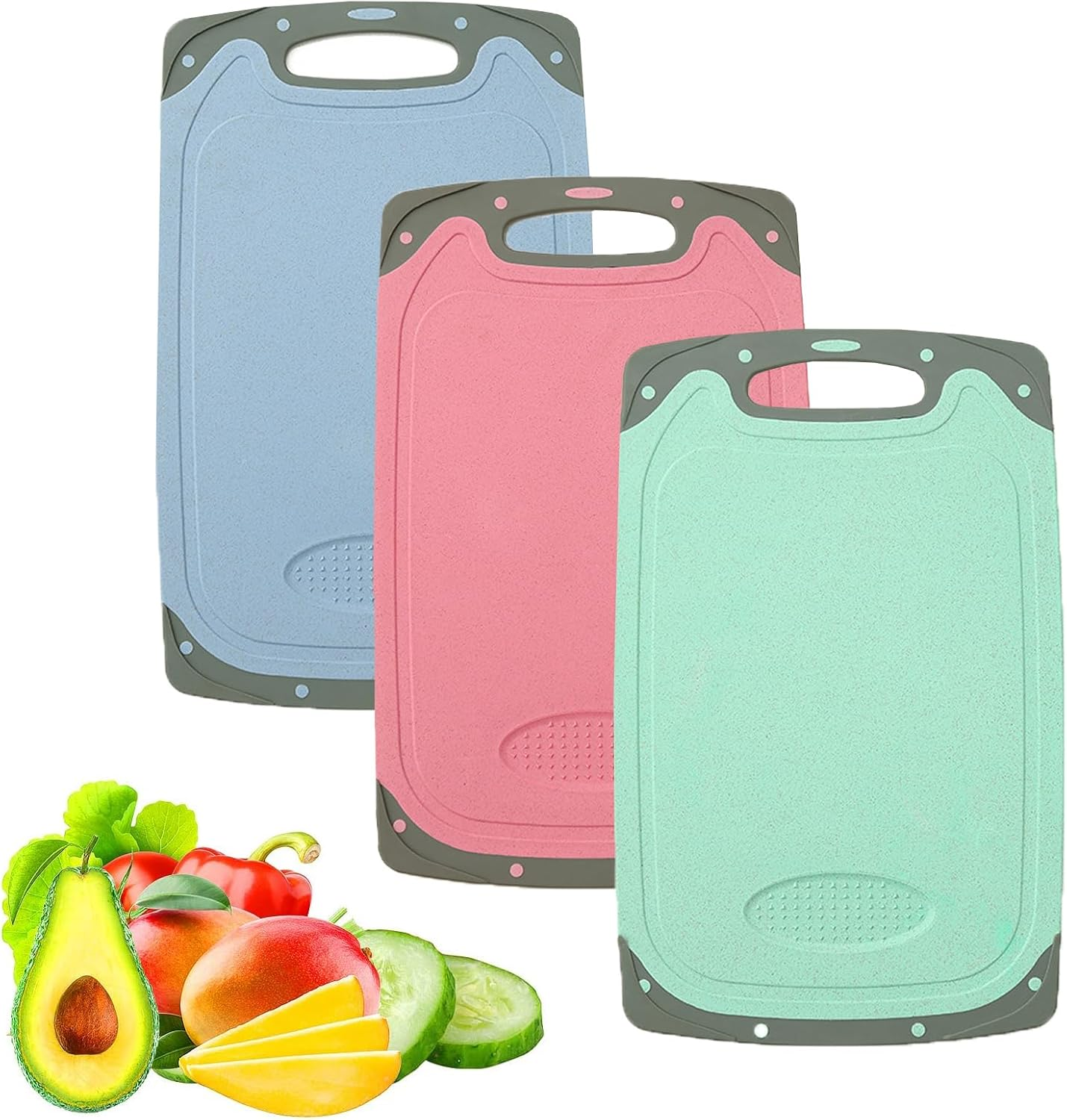 BLAZDEVE Chopping Board Set, 3Pcs BPA Free Kitchen Thick Plastic Cutting Boards with Non-Slip Feet and Deep Drip Juice Groove, Hanging Hole, Large Chopping Boards for Fruits, Vegetables, Meats image number 6