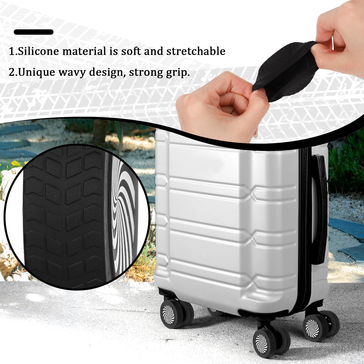 BOXOB 8Pcs Luggage Wheel Protector Covers, 2.05X0.55 Inch Silicone Suitcase Wheel Covers Black White Design Accessories Noise-Proof for Most Adult Children 8-Spinner Wheels Sleeve Suitcase image number 2