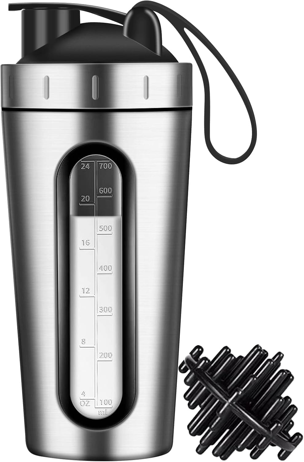 Protein Shaker Bottle, 700Ml Stainless Steel Bottle with Visible Window, Bpa-Free, Leak-Proof Design (Black)
